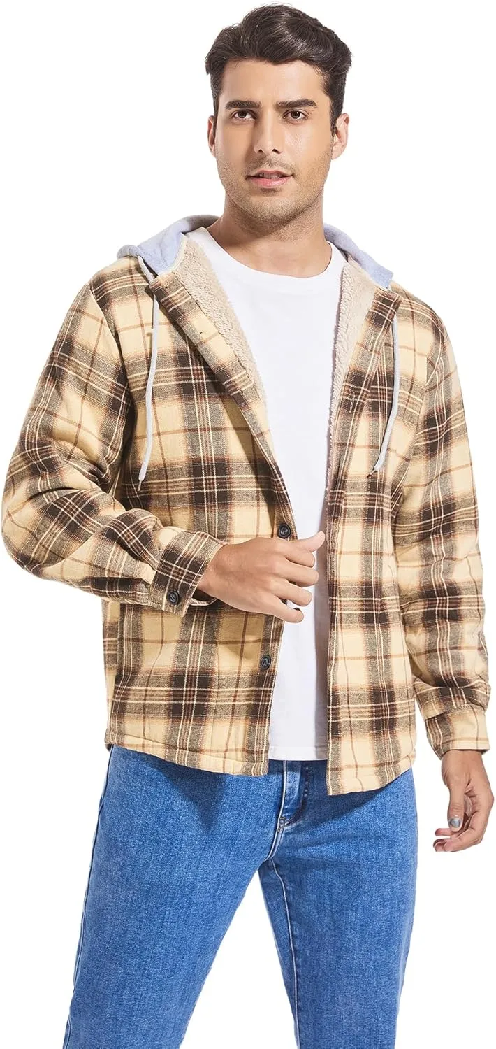 Men's Cotton Plaid Shirts Jacket Fleece Lined Flannel Shirts Sherpa Button Down Jackets with Hood for Men