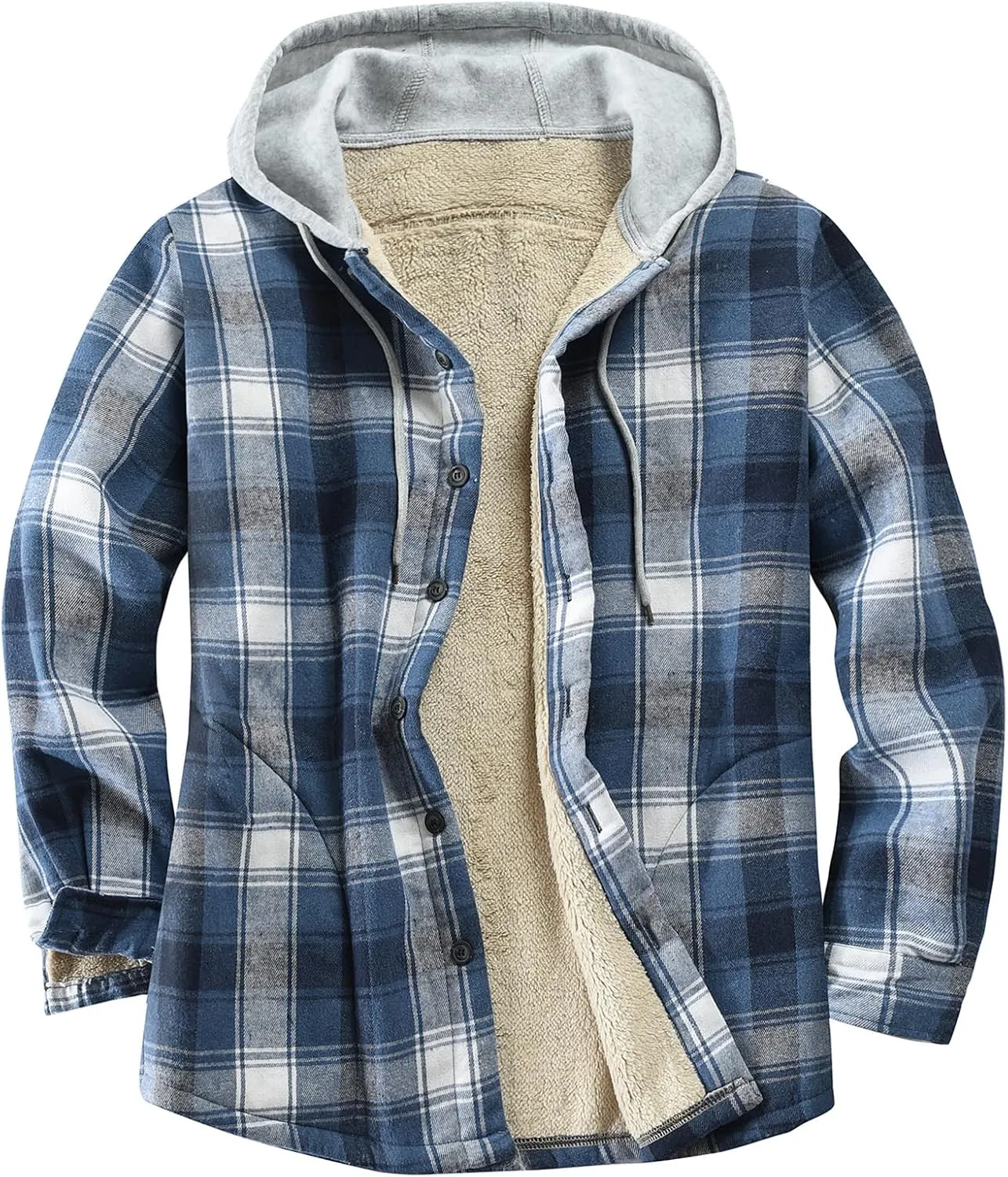 Men's Cotton Plaid Shirts Jacket Fleece Lined Flannel Shirts Sherpa Button Down Jackets with Hood for Men
