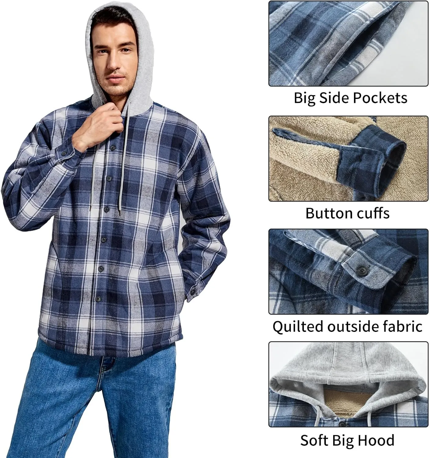 Men's Cotton Plaid Shirts Jacket Fleece Lined Flannel Shirts Sherpa Button Down Jackets with Hood for Men