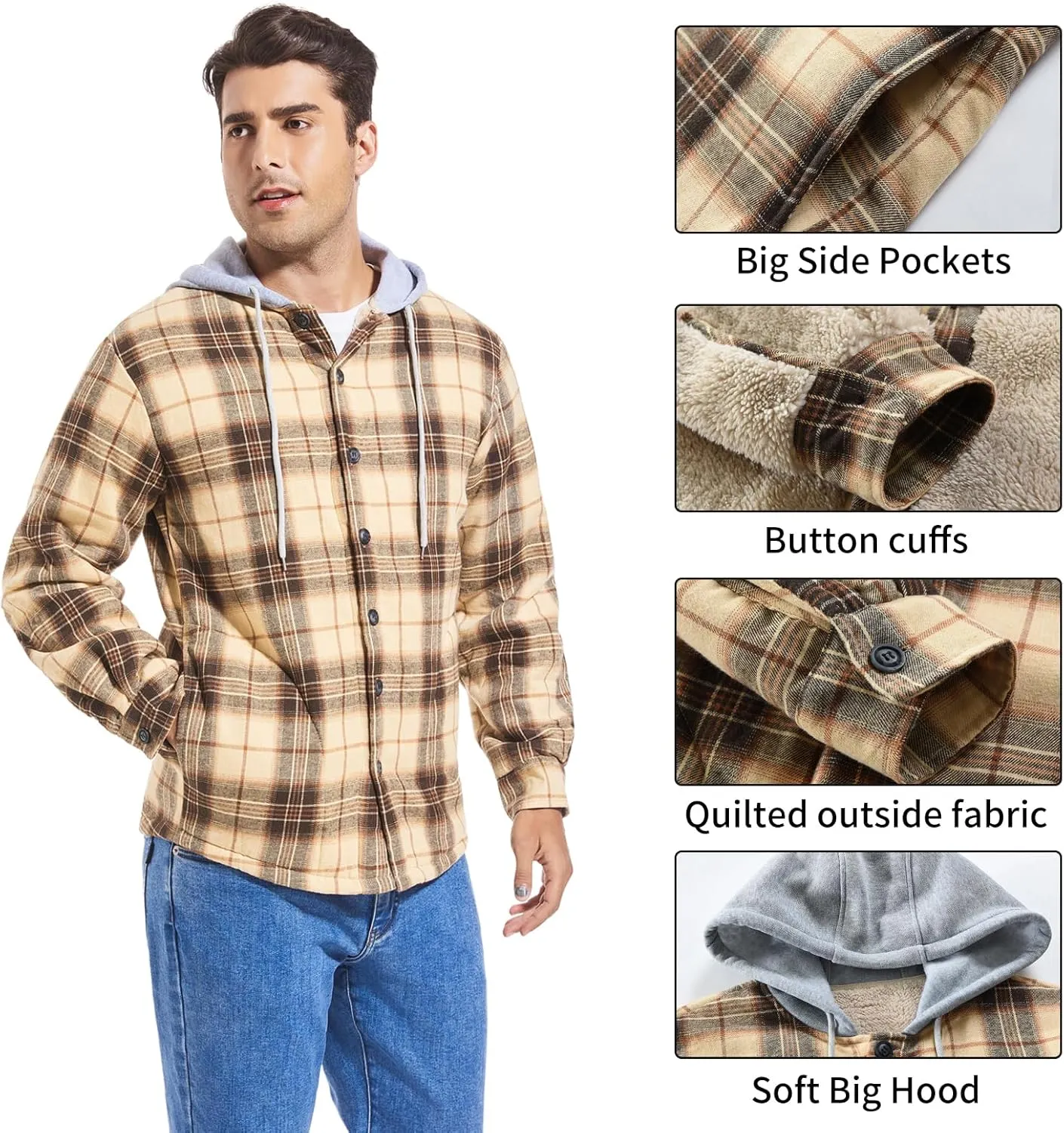 Men's Cotton Plaid Shirts Jacket Fleece Lined Flannel Shirts Sherpa Button Down Jackets with Hood for Men