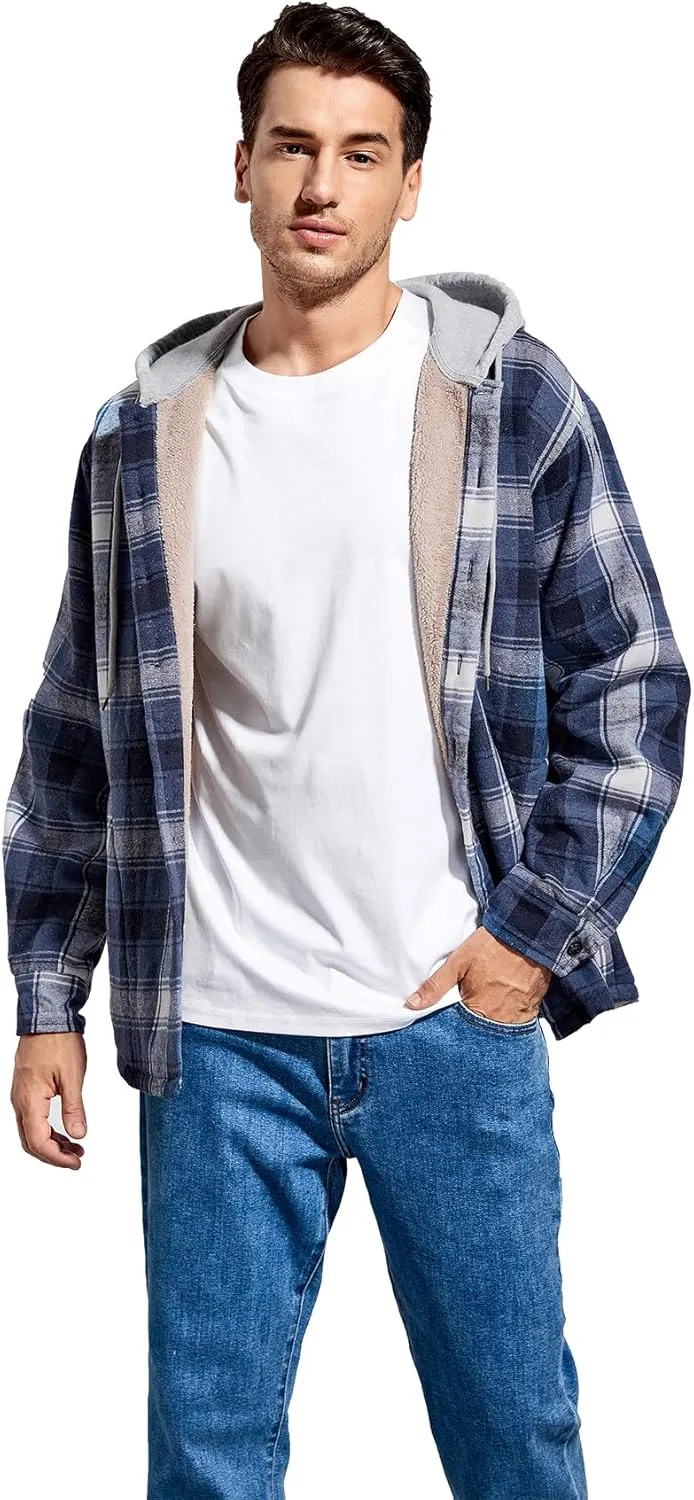 Men's Cotton Plaid Shirts Jacket Fleece Lined Flannel Shirts Sherpa Button Down Jackets with Hood for Men
