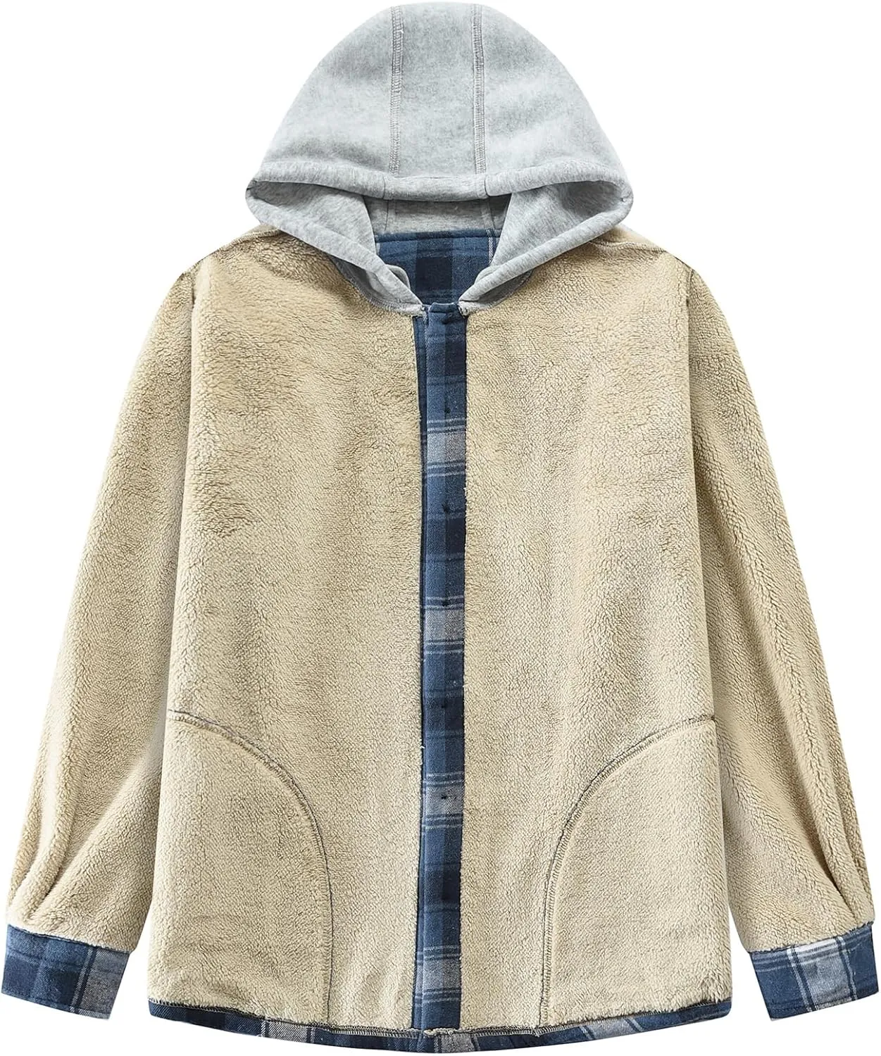 Men's Cotton Plaid Shirts Jacket Fleece Lined Flannel Shirts Sherpa Button Down Jackets with Hood for Men