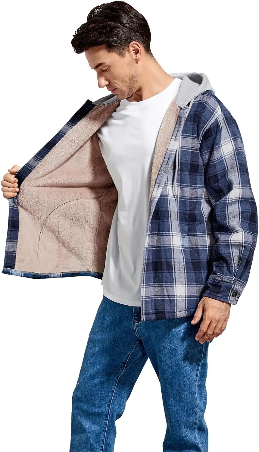 Men's Cotton Plaid Shirts Jacket Fleece Lined Flannel Shirts Sherpa Button Down Jackets with Hood for Men