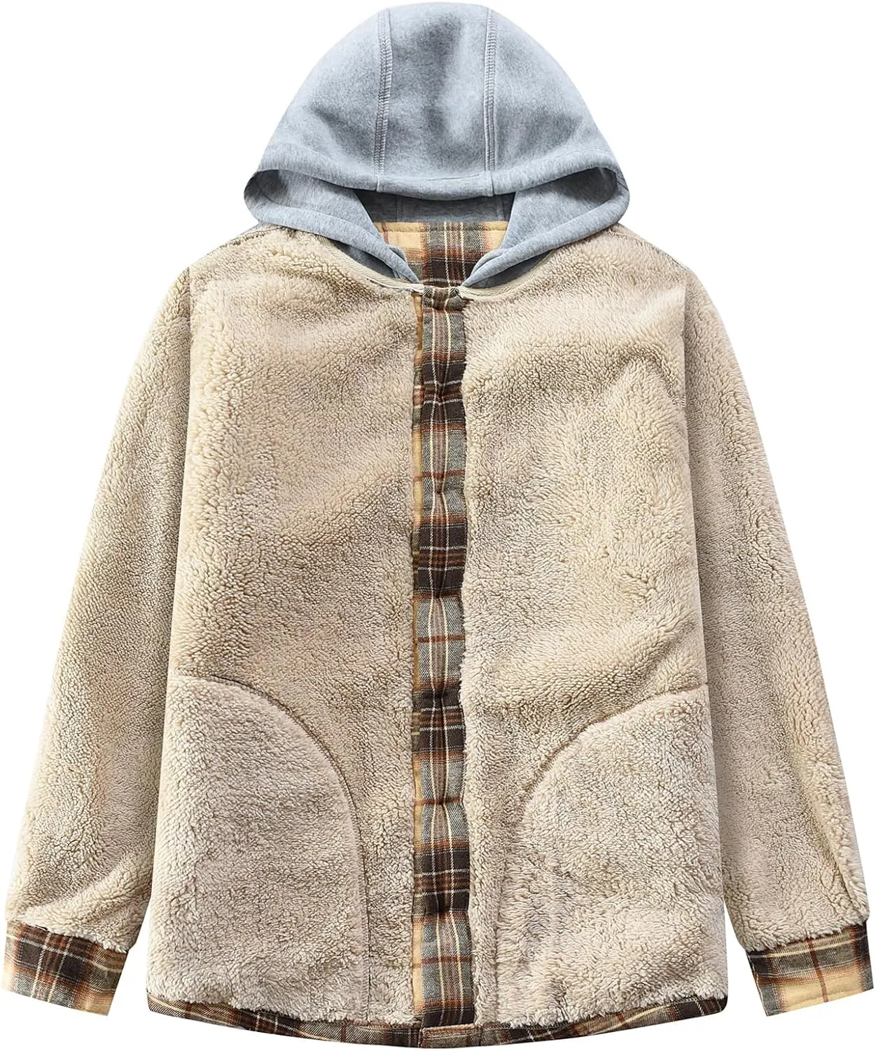 Men's Cotton Plaid Shirts Jacket Fleece Lined Flannel Shirts Sherpa Button Down Jackets with Hood for Men