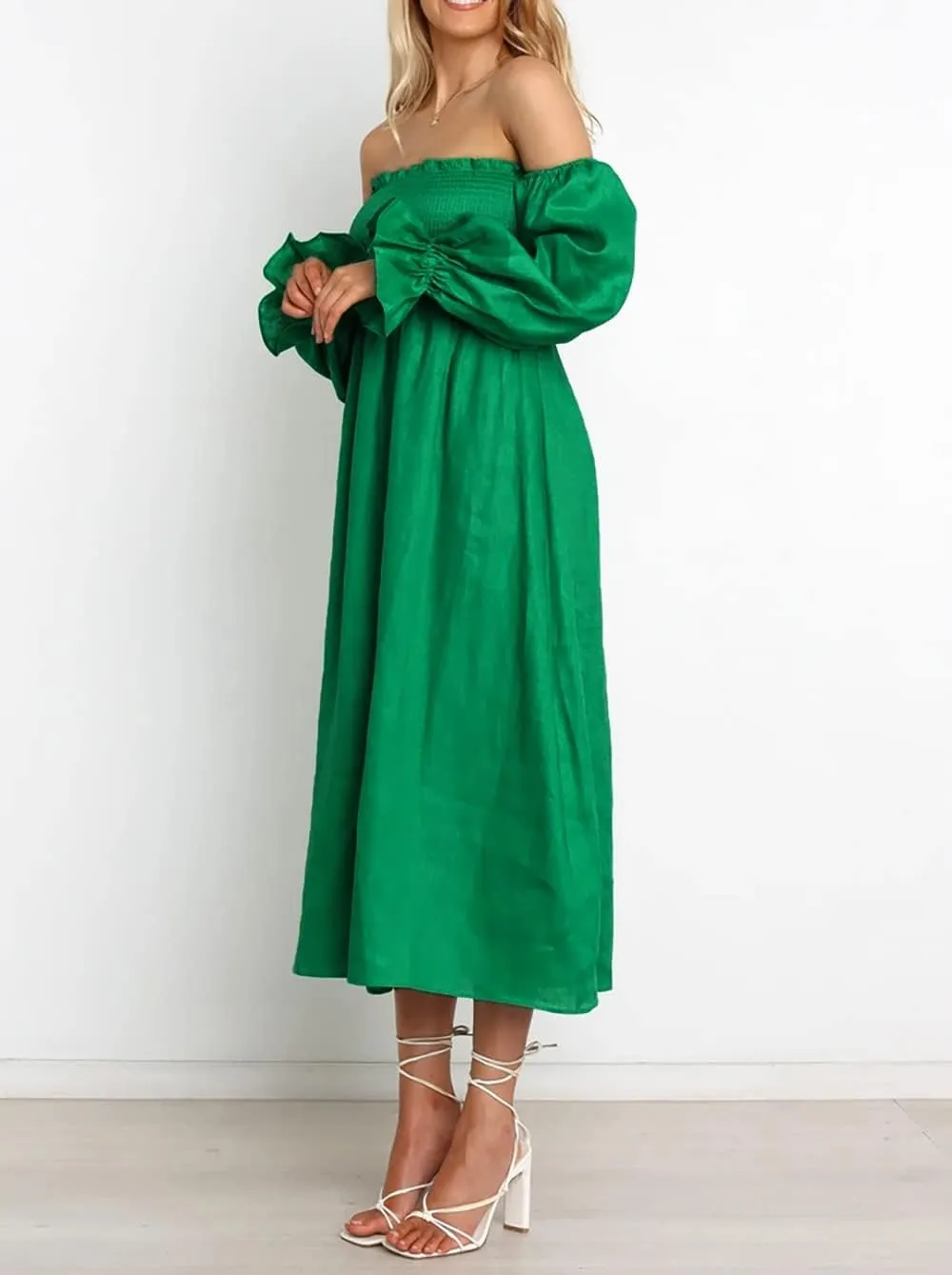 R.Vivimos Summer Dress for Women Long Sleeve Casual Plaid Print Smocked Off Shoulder A-Line Midi Dress