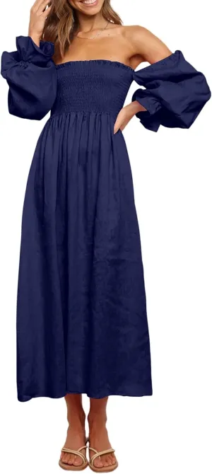 R.Vivimos Summer Dress for Women Long Sleeve Casual Plaid Print Smocked Off Shoulder A-Line Midi Dress