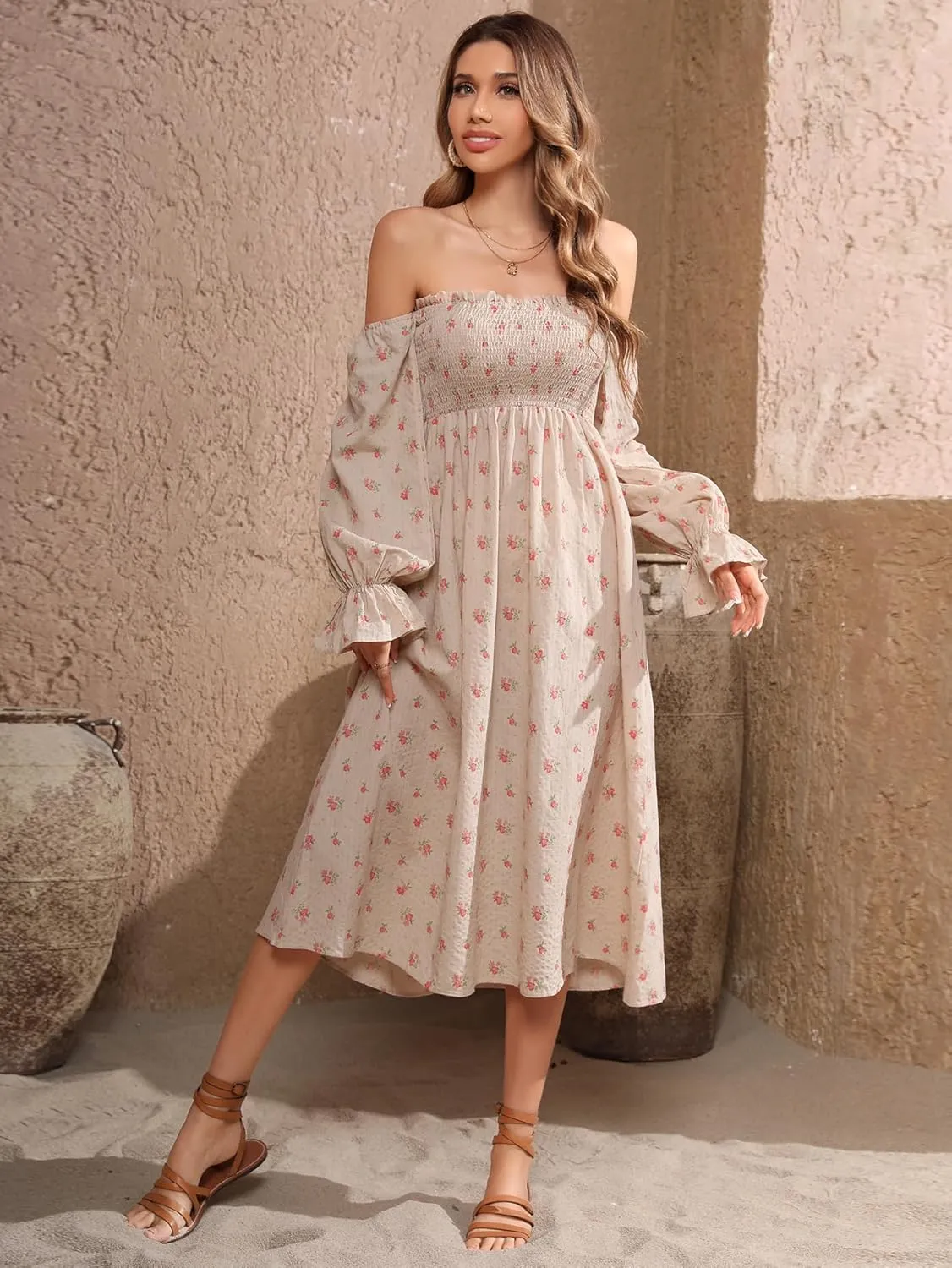 R.Vivimos Summer Dress for Women Long Sleeve Casual Plaid Print Smocked Off Shoulder A-Line Midi Dress