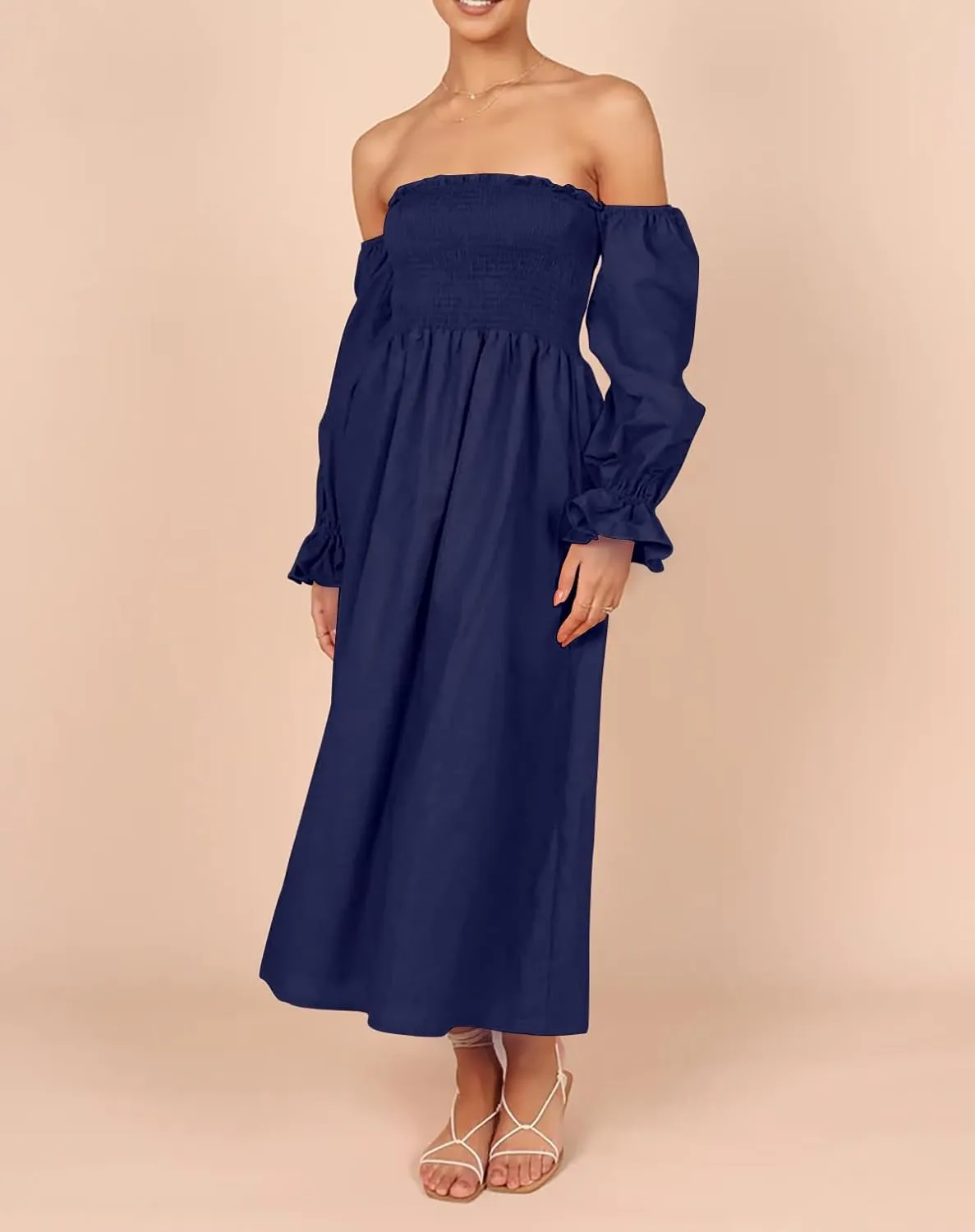 R.Vivimos Summer Dress for Women Long Sleeve Casual Plaid Print Smocked Off Shoulder A-Line Midi Dress