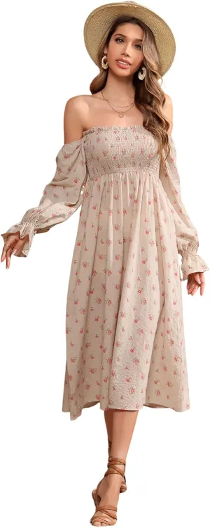 R.Vivimos Summer Dress for Women Long Sleeve Casual Plaid Print Smocked Off Shoulder A-Line Midi Dress