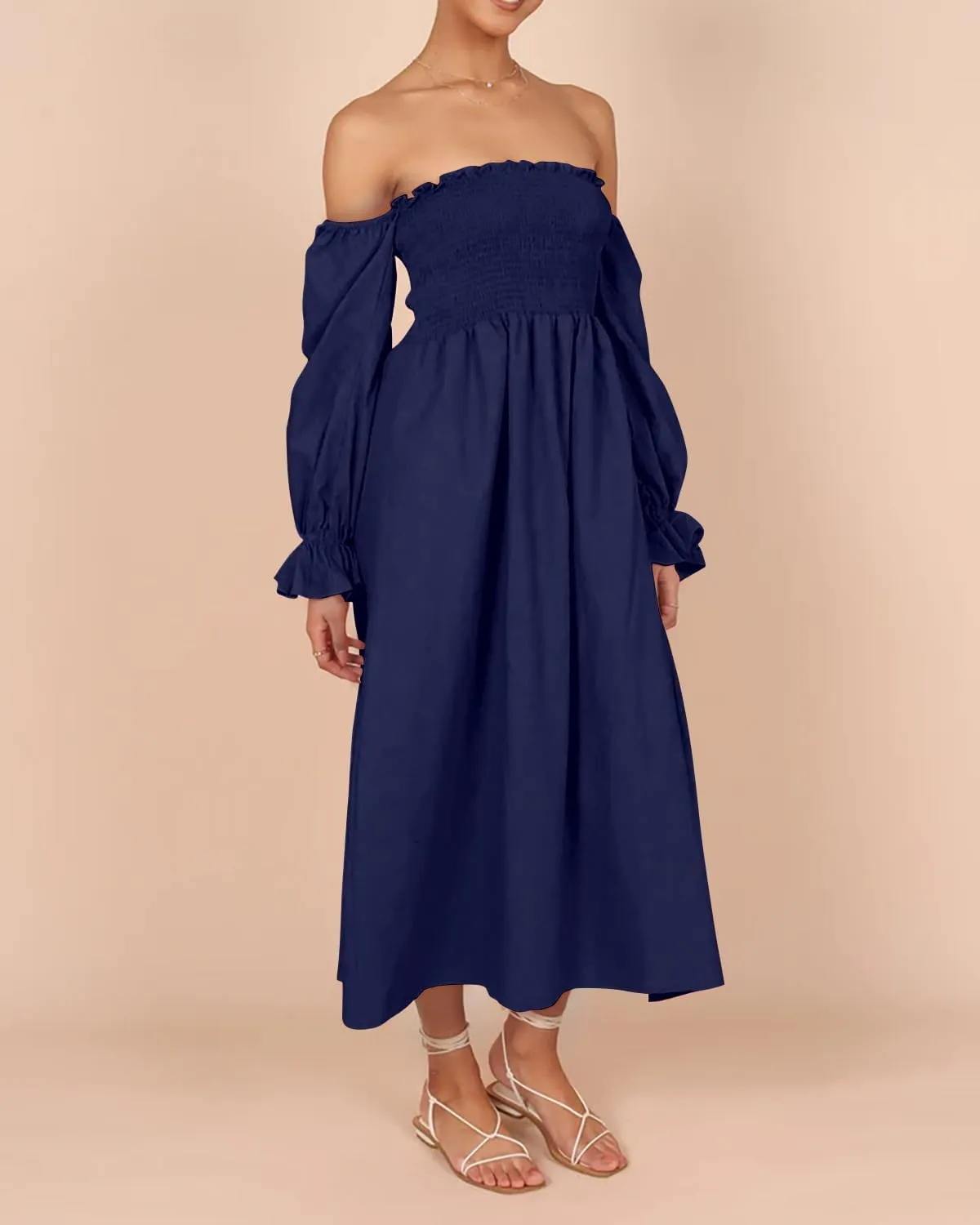 R.Vivimos Summer Dress for Women Long Sleeve Casual Plaid Print Smocked Off Shoulder A-Line Midi Dress