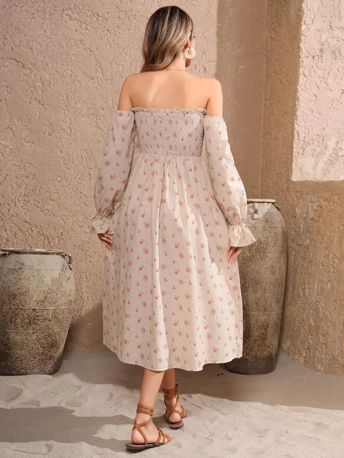 R.Vivimos Summer Dress for Women Long Sleeve Casual Plaid Print Smocked Off Shoulder A-Line Midi Dress