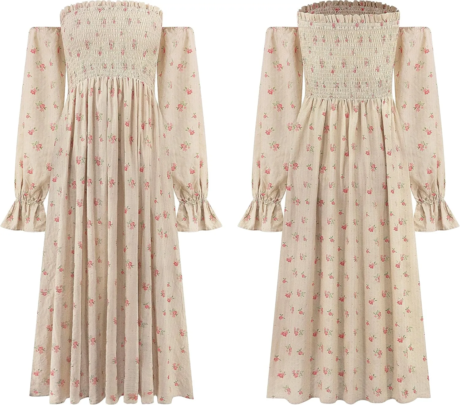 R.Vivimos Summer Dress for Women Long Sleeve Casual Plaid Print Smocked Off Shoulder A-Line Midi Dress