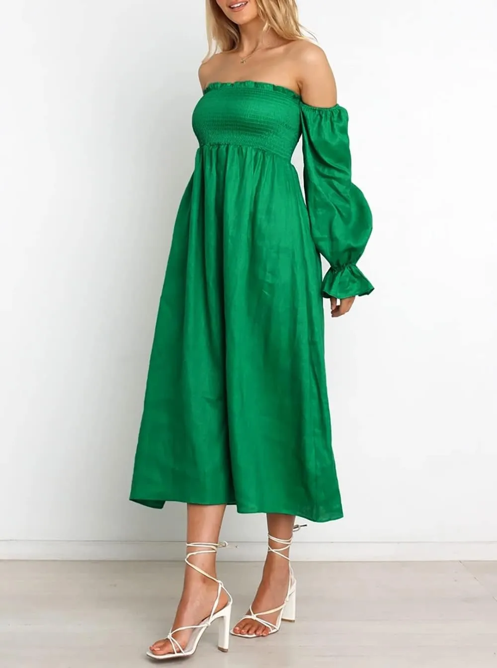 R.Vivimos Summer Dress for Women Long Sleeve Casual Plaid Print Smocked Off Shoulder A-Line Midi Dress