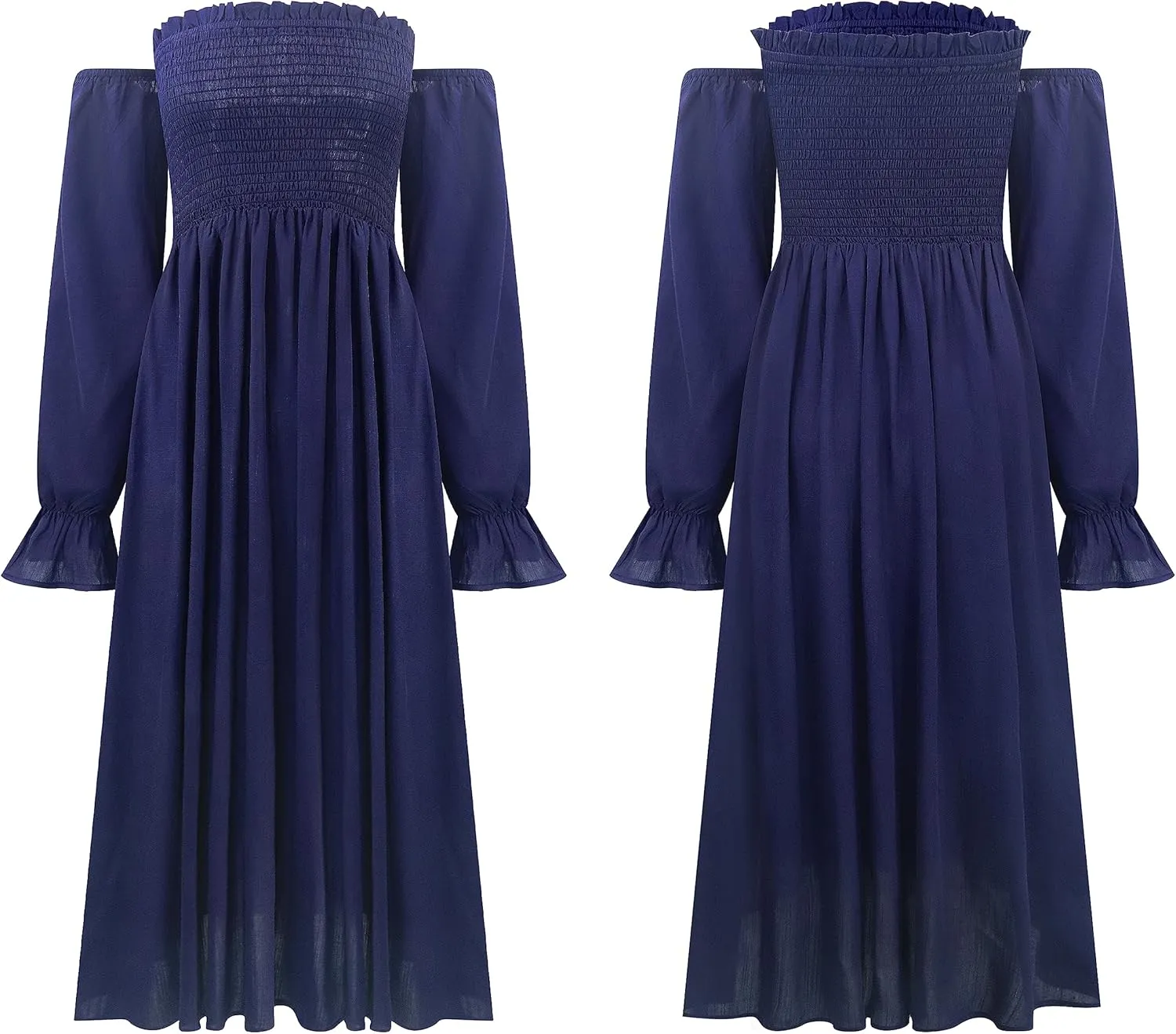 R.Vivimos Summer Dress for Women Long Sleeve Casual Plaid Print Smocked Off Shoulder A-Line Midi Dress