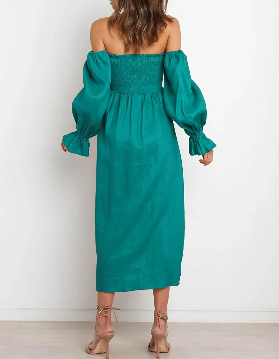 R.Vivimos Summer Dress for Women Long Sleeve Casual Plaid Print Smocked Off Shoulder A-Line Midi Dress