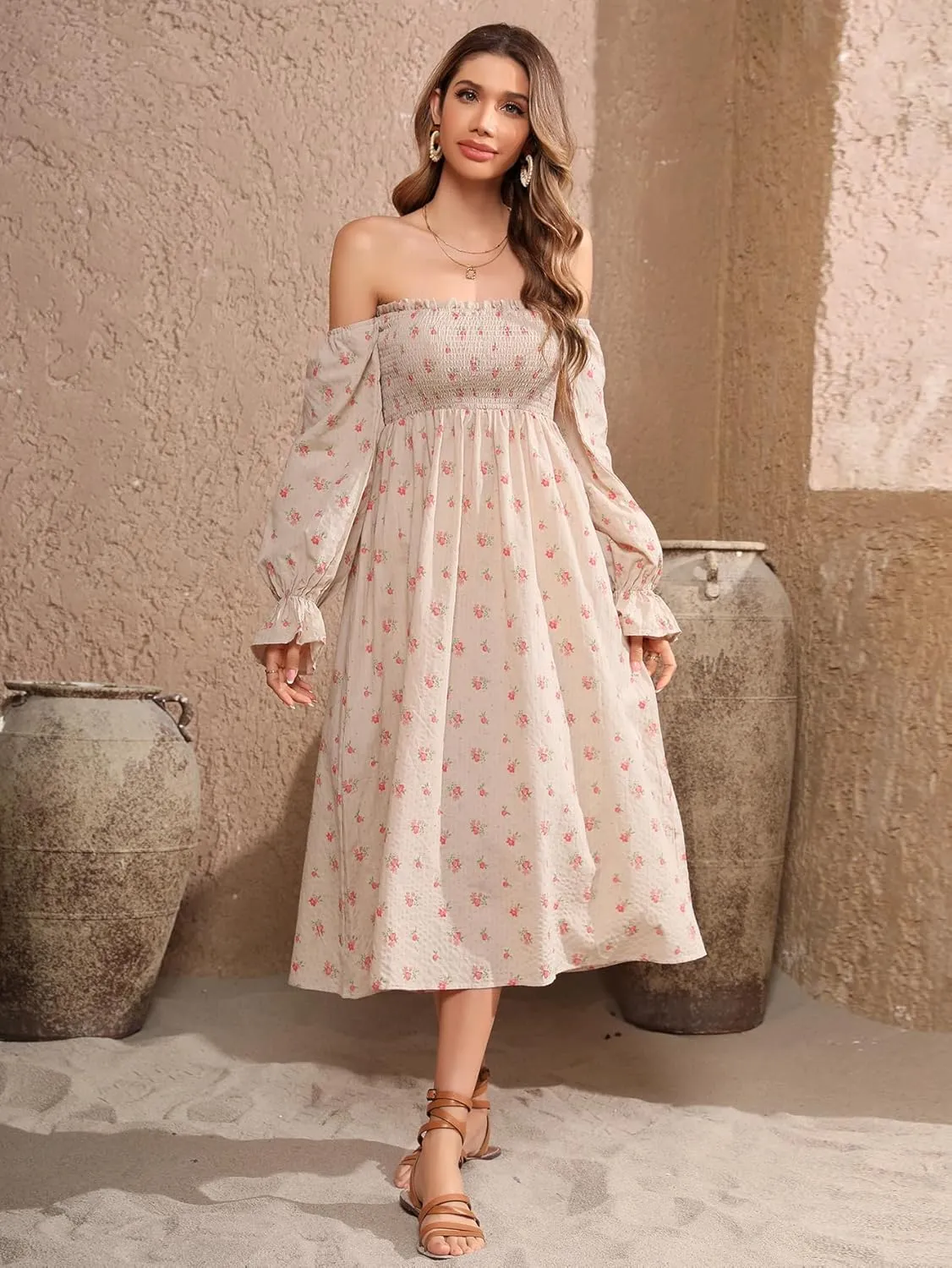 R.Vivimos Summer Dress for Women Long Sleeve Casual Plaid Print Smocked Off Shoulder A-Line Midi Dress