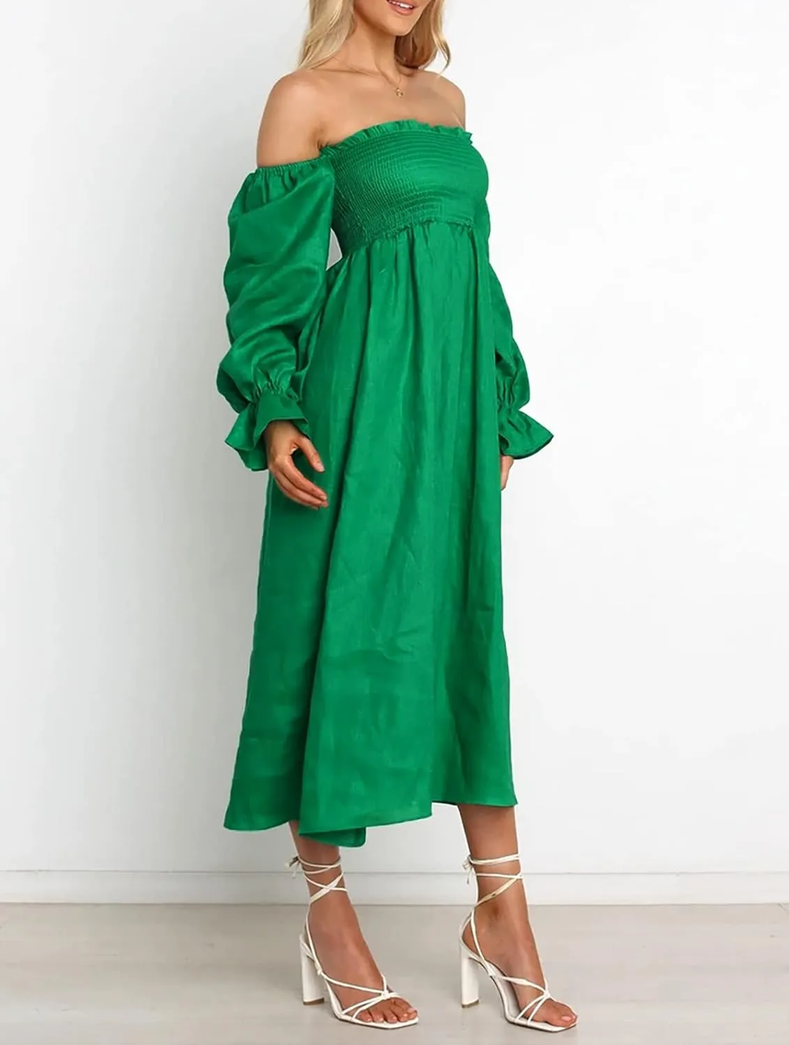 R.Vivimos Summer Dress for Women Long Sleeve Casual Plaid Print Smocked Off Shoulder A-Line Midi Dress