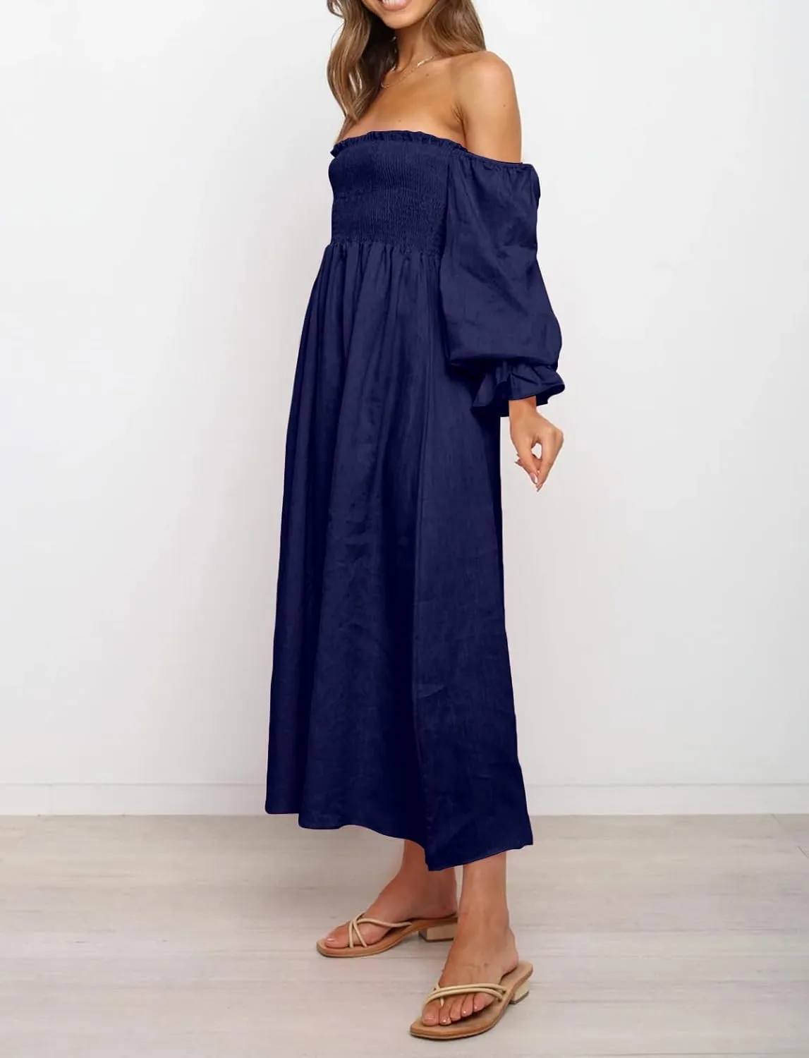R.Vivimos Summer Dress for Women Long Sleeve Casual Plaid Print Smocked Off Shoulder A-Line Midi Dress