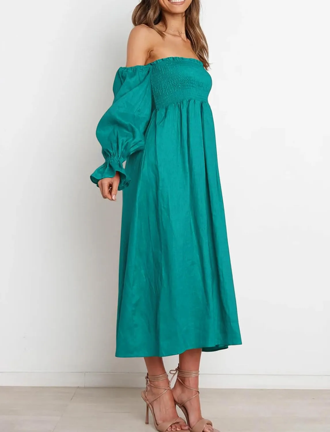 R.Vivimos Summer Dress for Women Long Sleeve Casual Plaid Print Smocked Off Shoulder A-Line Midi Dress
