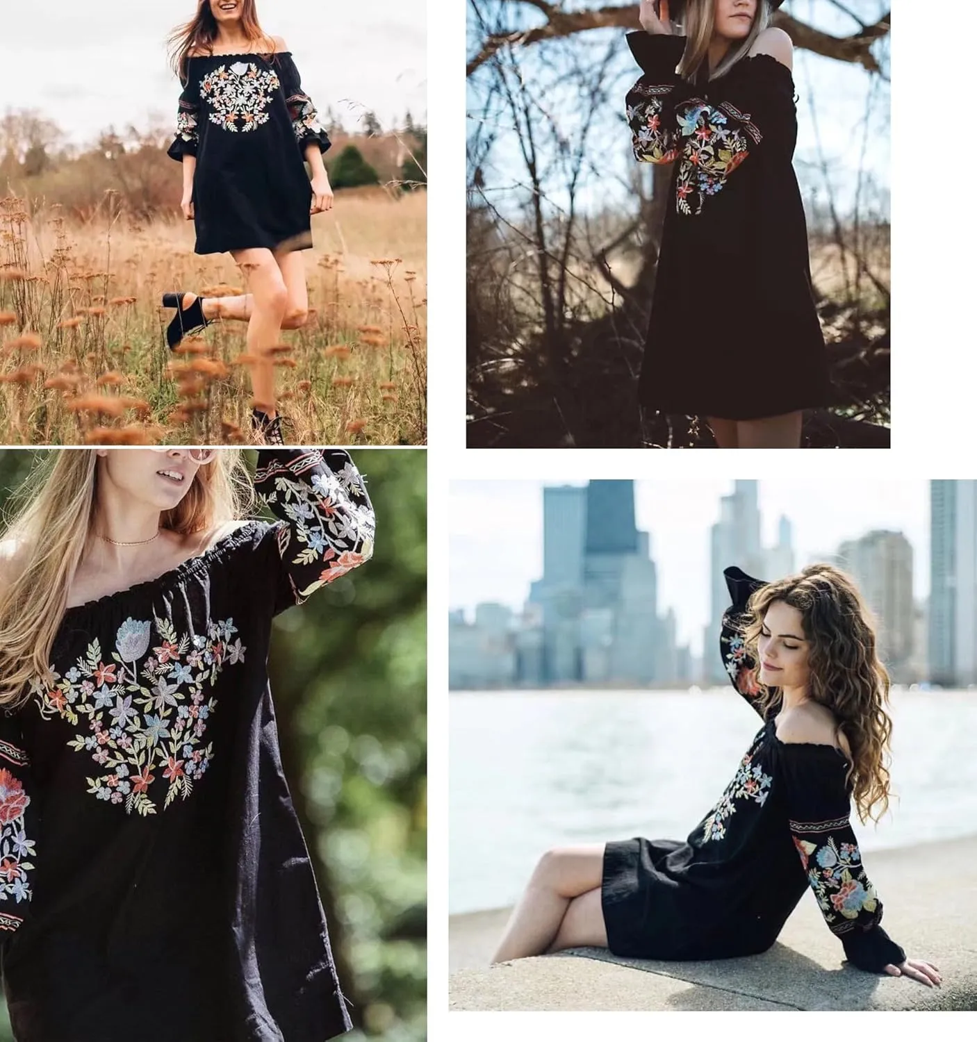 R.Vivimos Womens Floral Embroidered Off Shoulder Long Sleeve Short Dresses