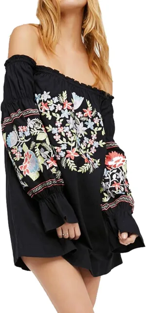 R.Vivimos Womens Floral Embroidered Off Shoulder Long Sleeve Short Dresses