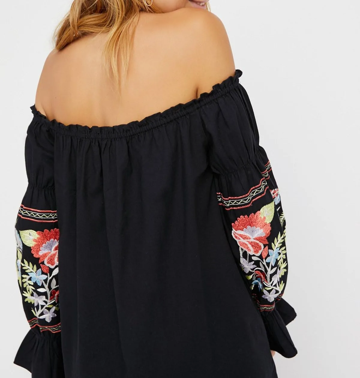 R.Vivimos Womens Floral Embroidered Off Shoulder Long Sleeve Short Dresses