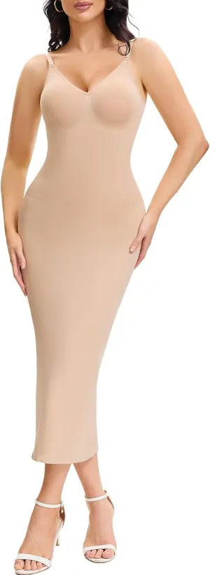 Shapewear Slips For Under Dress Tummy Control V Neck Long Full Slip Dresses for Women Body Shaper Seamless Shaping with Adjustable Strap Beige M