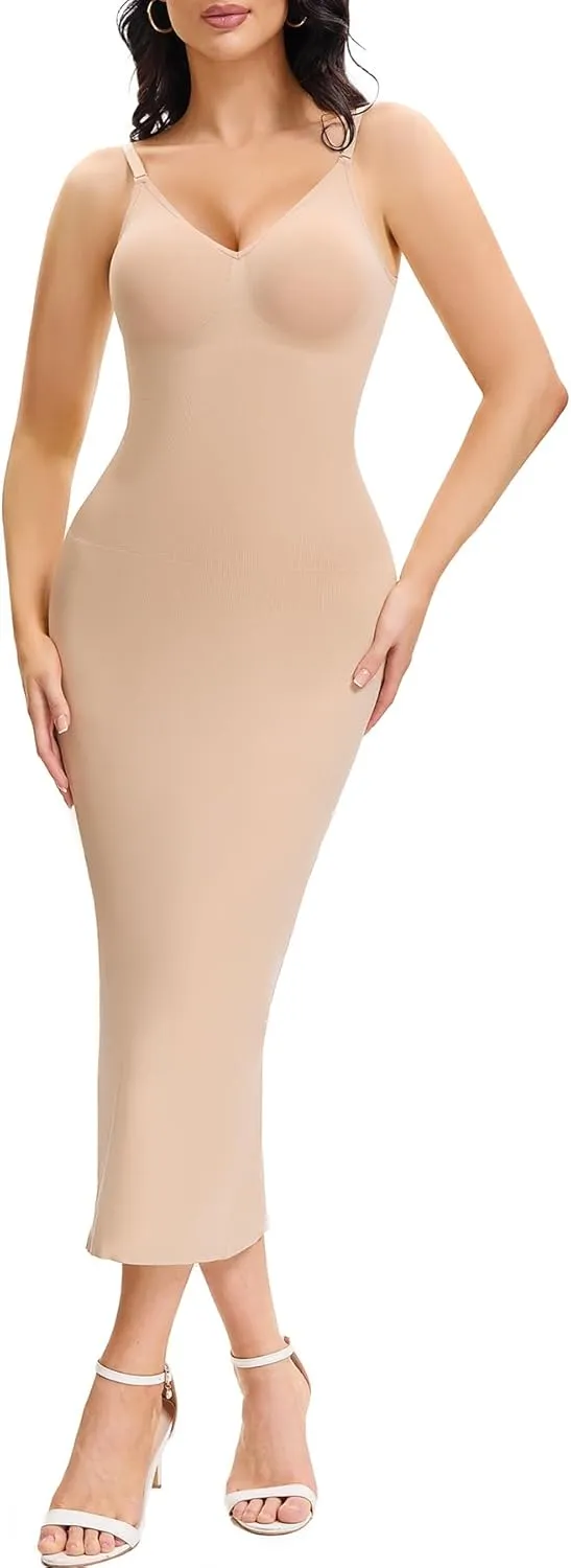 Shapewear Slips For Under Dress Tummy Control V Neck Long Full Slip Dresses for Women Body Shaper Seamless Shaping with Adjustable Strap Beige M
