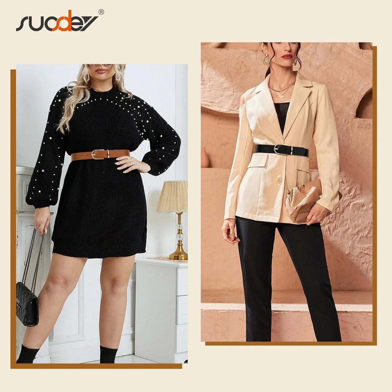 SUOSDEY 2 Pack 3 Pack Womens Fashion Leather Belts for Jeans Dresses Pants Black Brown Beige Ladies Belts with Gold Buckle