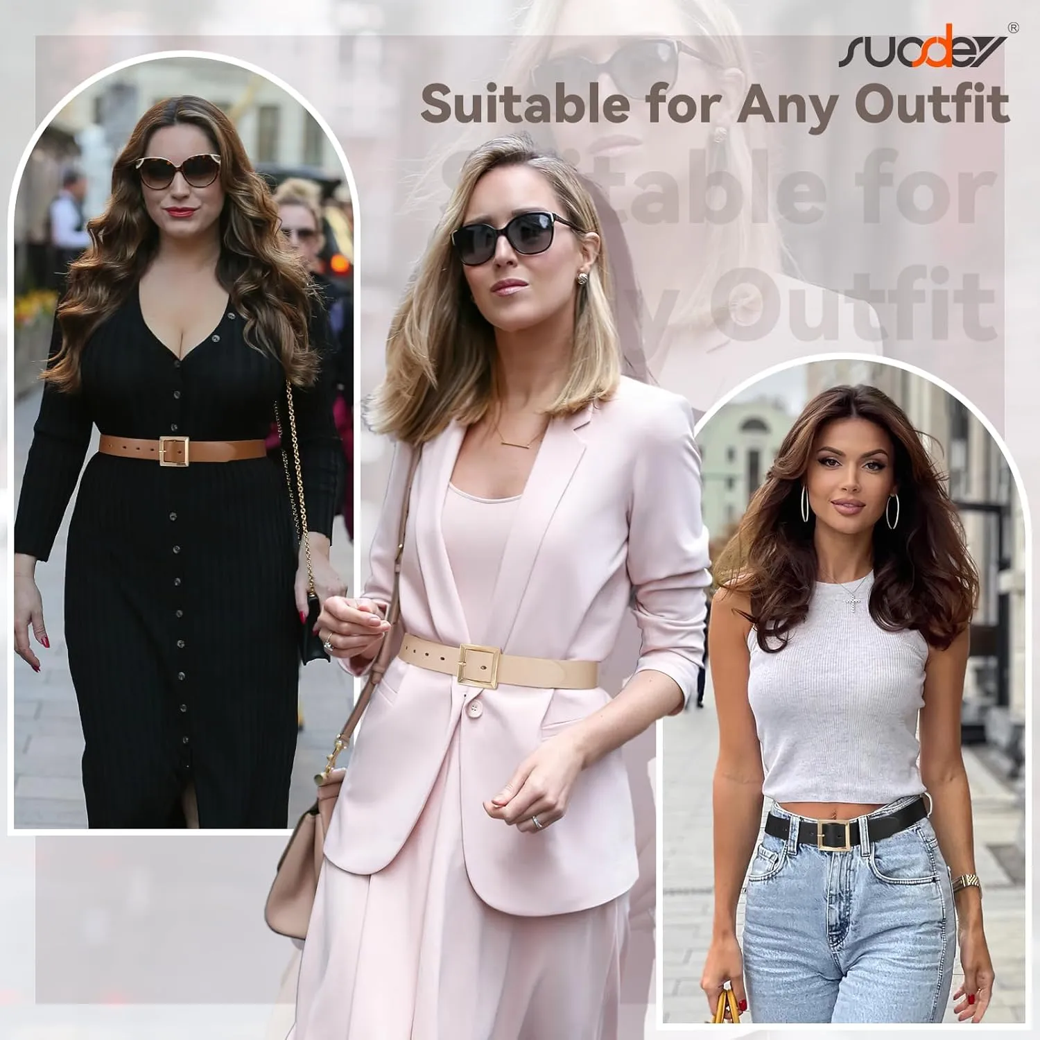 SUOSDEY 2 Pack 3 Pack Womens Fashion Leather Belts for Jeans Dresses Pants Black Brown Beige Ladies Belts with Gold Buckle