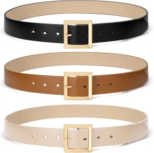 SUOSDEY 2 Pack 3 Pack Womens Fashion Leather Belts for Jeans Dresses Pants Black Brown Beige Ladies Belts with Gold Buckle