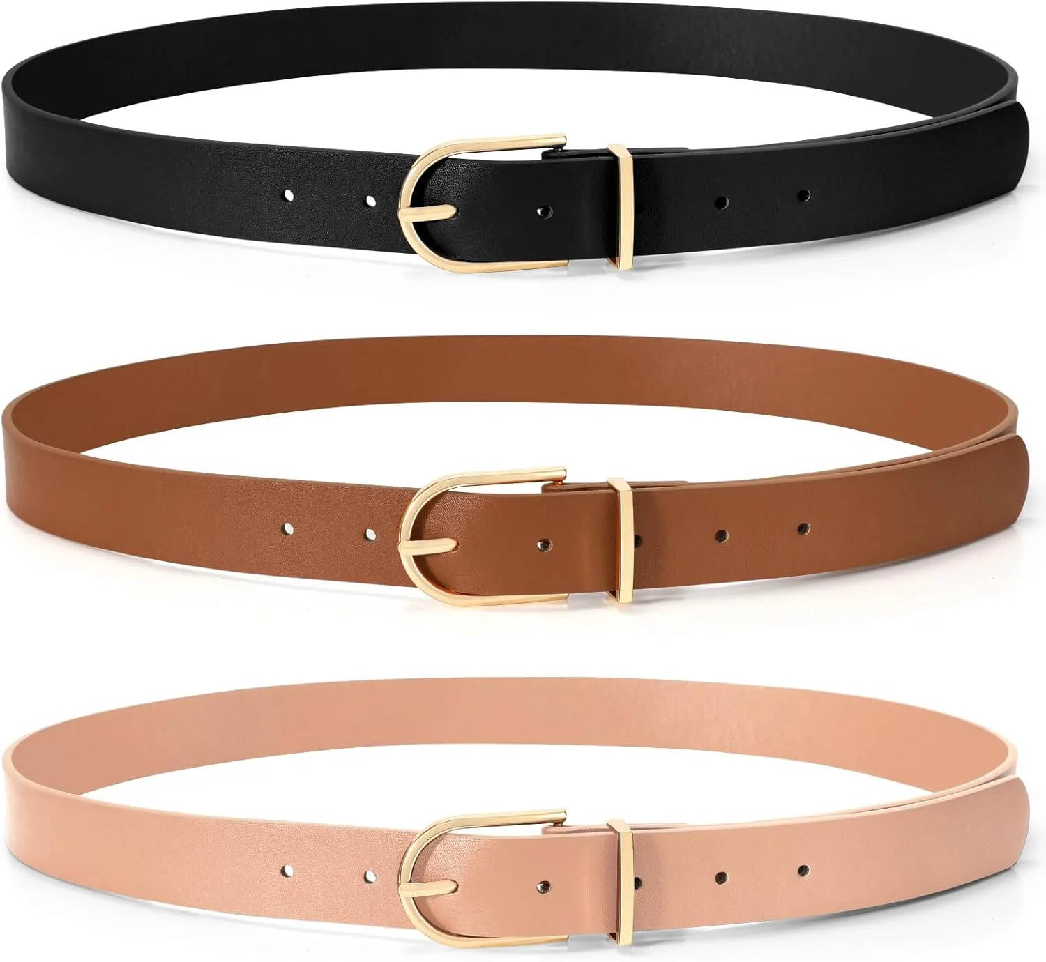 SUOSDEY 2 Pack 3 Pack Womens Fashion Leather Belts for Jeans Dresses Pants Black Brown Beige Ladies Belts with Gold Buckle