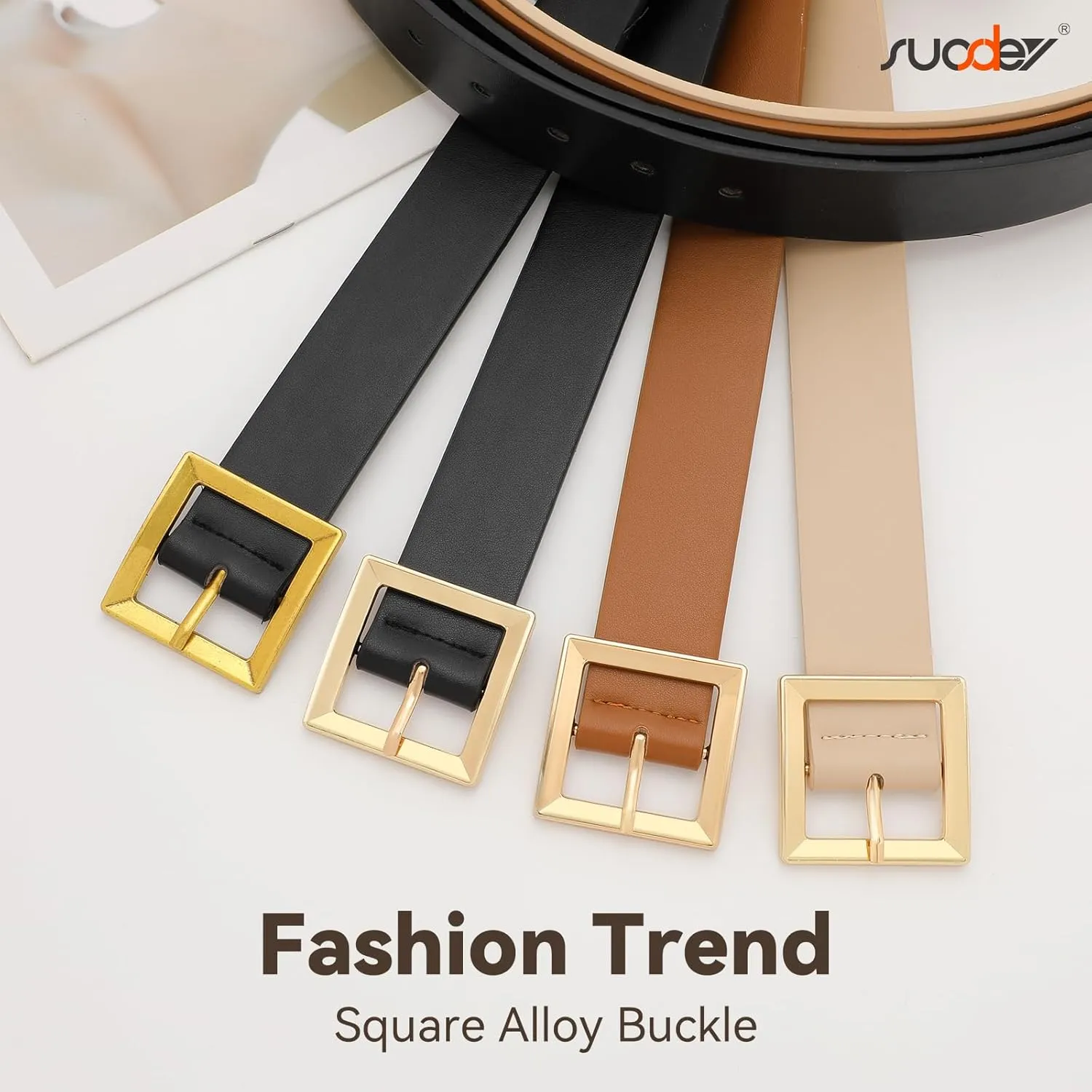 SUOSDEY 2 Pack 3 Pack Womens Fashion Leather Belts for Jeans Dresses Pants Black Brown Beige Ladies Belts with Gold Buckle