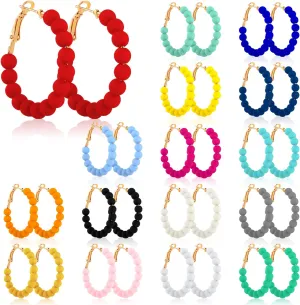 Sureio 16 Pairs Beaded Hoop Earrings Women Bohemian Circle Round Bead Earrings Bulk Colorful Bead Dangle Earrings(1.37 Inch)