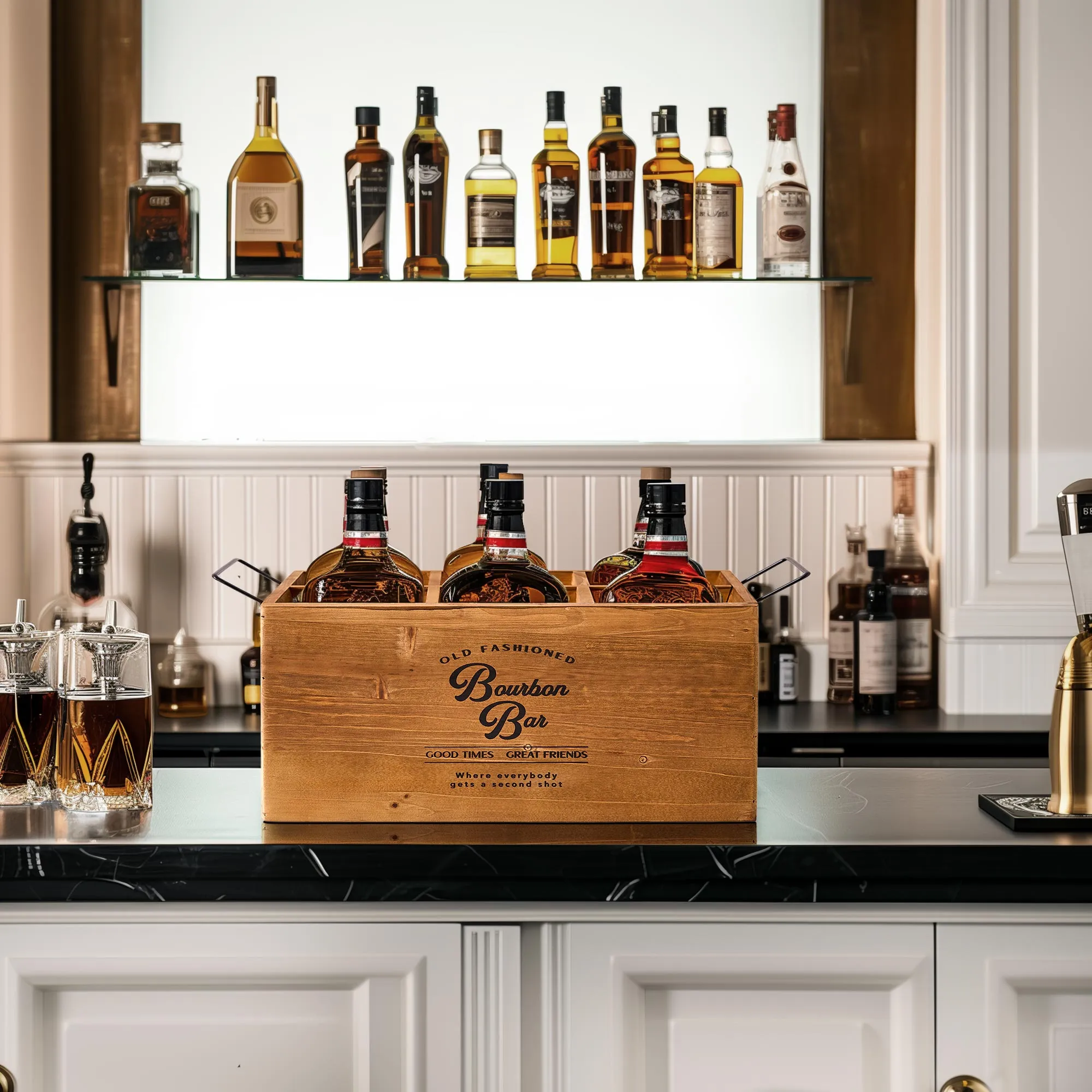 The Bourbon Bar Wood Crate Bottle Holder with Metal Handles - 7" H x 14" L x 8" D