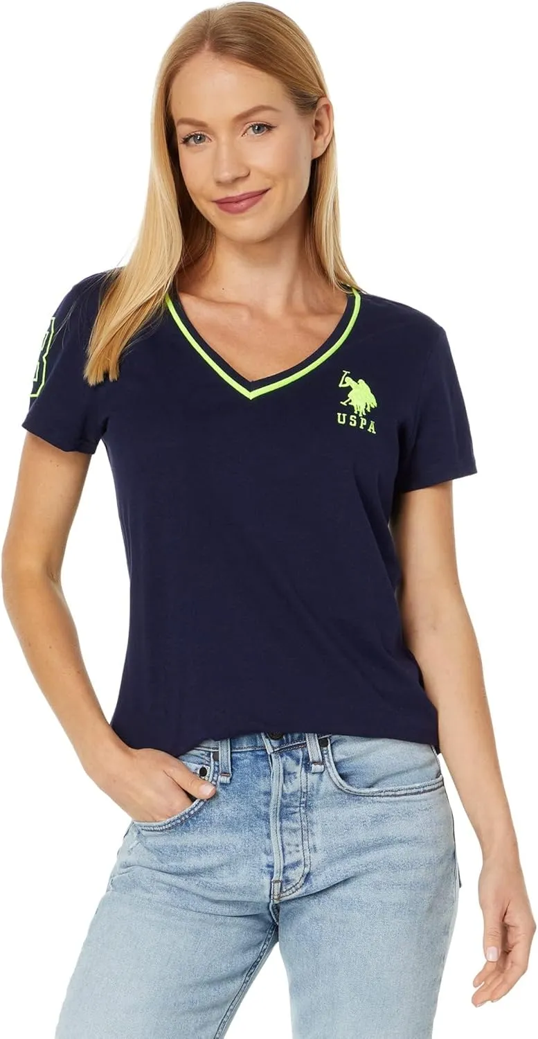 U.S. POLO ASSN. V-Neck Neon Trim Tee - T-Shirt for Women - Straight Hemline - Short Sleeves - Pullover Design Navy/Yellow XL One Size