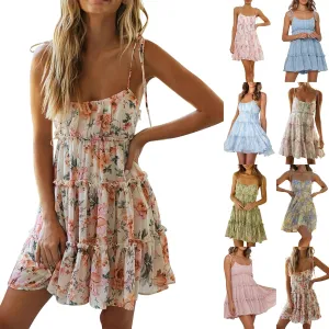 Womens Floral Dresses Summer Backless Spaghetti Strap Dress Sexy Sleeveless Mini Dresses Tiered Ruffle Flowy Dress