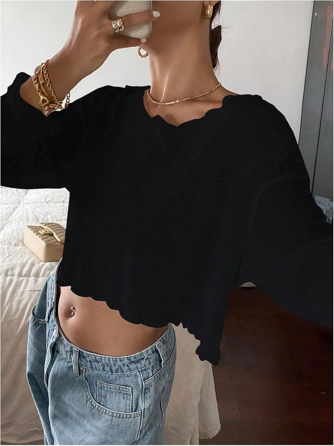 Women's Mesh Sheer Tops Drop Shoulder Lettuce Trim Crop Tops Loose Streetwear Long Sleeve Tee Shirt Going Out Tops