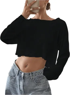 Women's Mesh Sheer Tops Drop Shoulder Lettuce Trim Crop Tops Loose Streetwear Long Sleeve Tee Shirt Going Out Tops