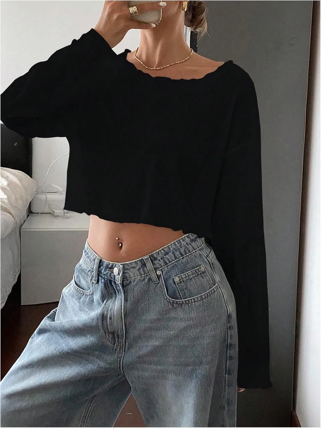 Women's Mesh Sheer Tops Drop Shoulder Lettuce Trim Crop Tops Loose Streetwear Long Sleeve Tee Shirt Going Out Tops