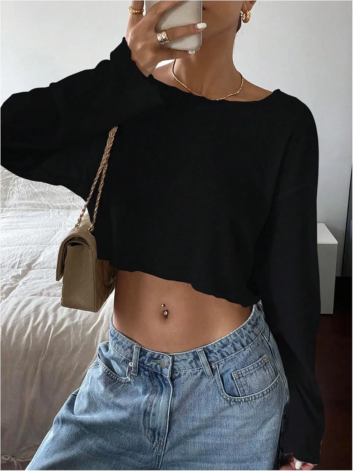 Women's Mesh Sheer Tops Drop Shoulder Lettuce Trim Crop Tops Loose Streetwear Long Sleeve Tee Shirt Going Out Tops