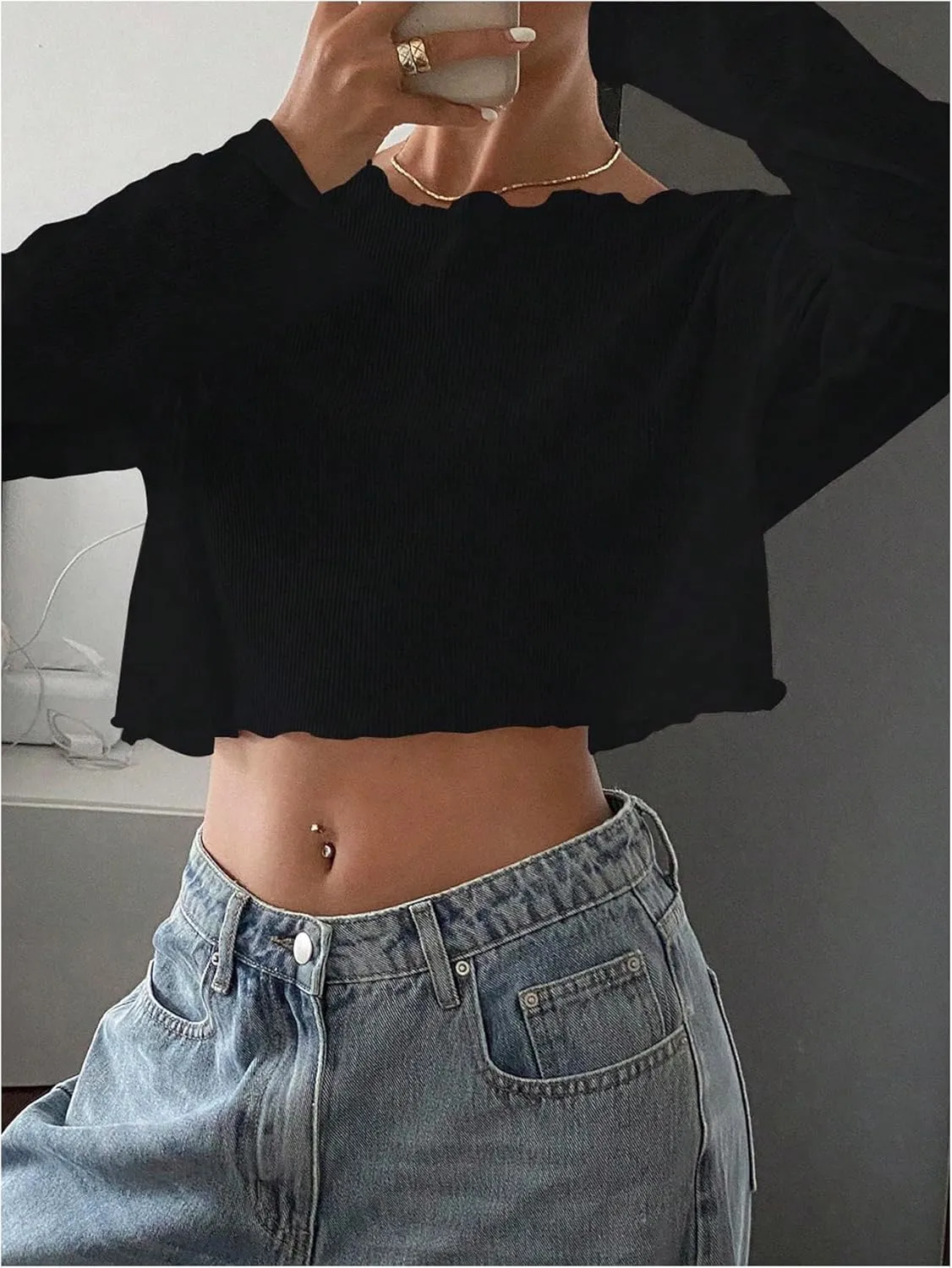 Women's Mesh Sheer Tops Drop Shoulder Lettuce Trim Crop Tops Loose Streetwear Long Sleeve Tee Shirt Going Out Tops