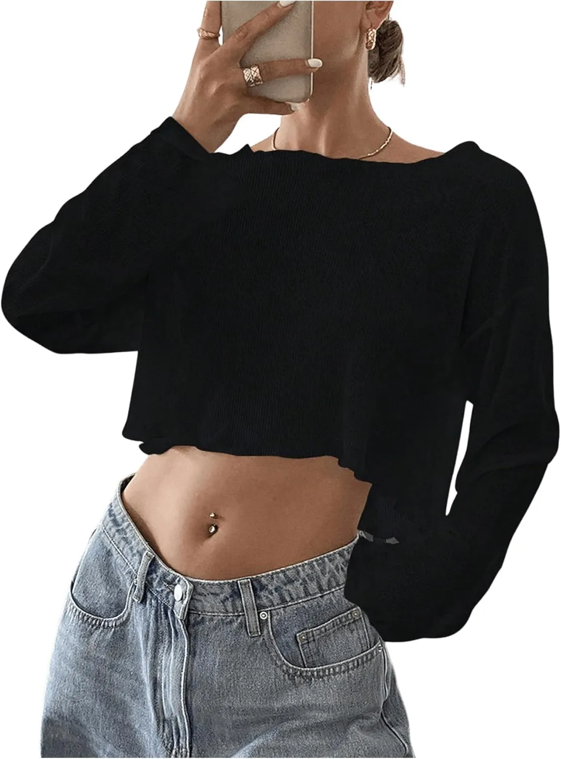 Women's Mesh Sheer Tops Drop Shoulder Lettuce Trim Crop Tops Loose Streetwear Long Sleeve Tee Shirt Going Out Tops