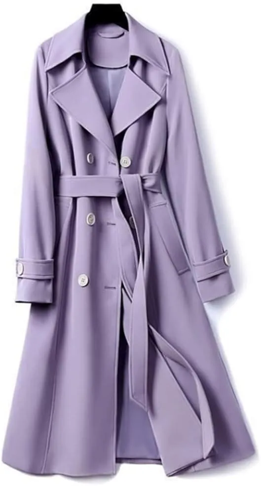 Women's Purple Double Breasted Long Trench Coat Lapel Long Sleeve Slim Belt Spring Autumn Trench Coat