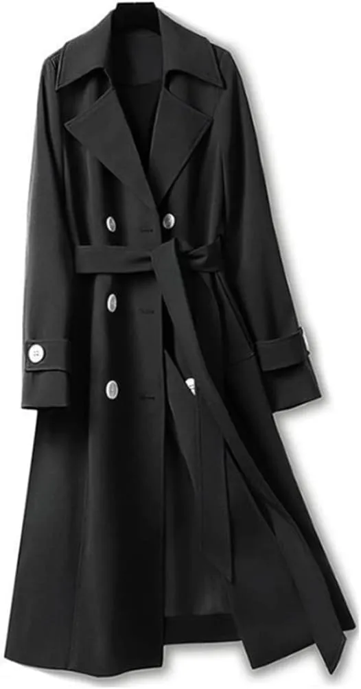 Women's Purple Double Breasted Long Trench Coat Lapel Long Sleeve Slim Belt Spring Autumn Trench Coat