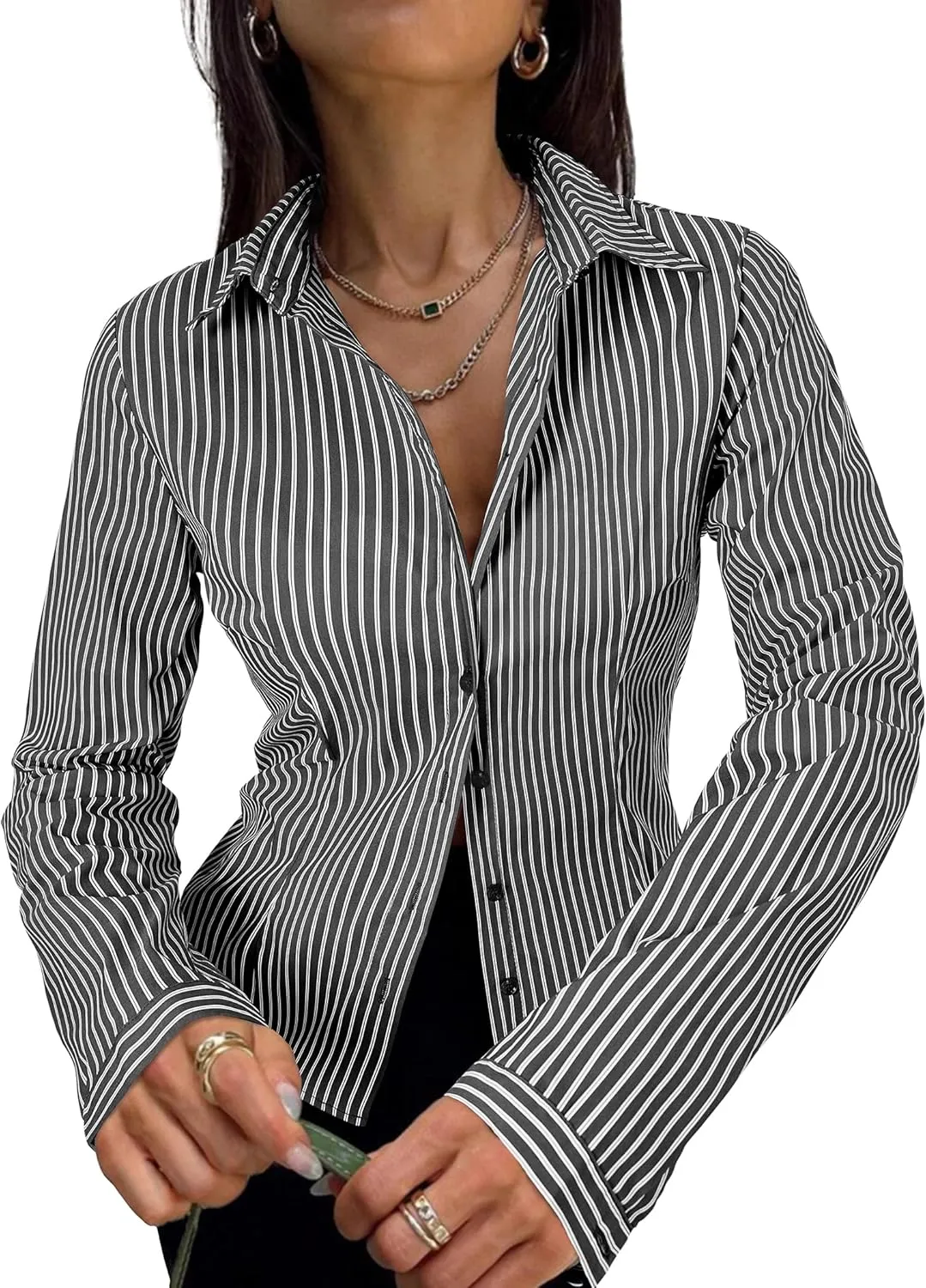 Women's Striped Button Down Shirts Flare Sleeve Slim Fit Blouses V Neck Collared Y2k Crop Tops Streetwear