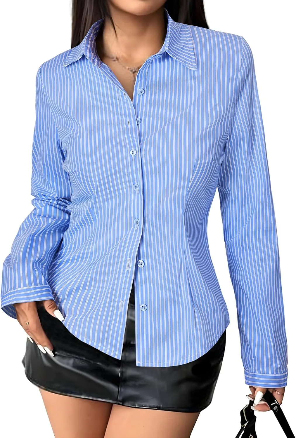Women's Striped Button Down Shirts Flare Sleeve Slim Fit Blouses V Neck Collared Y2k Crop Tops Streetwear