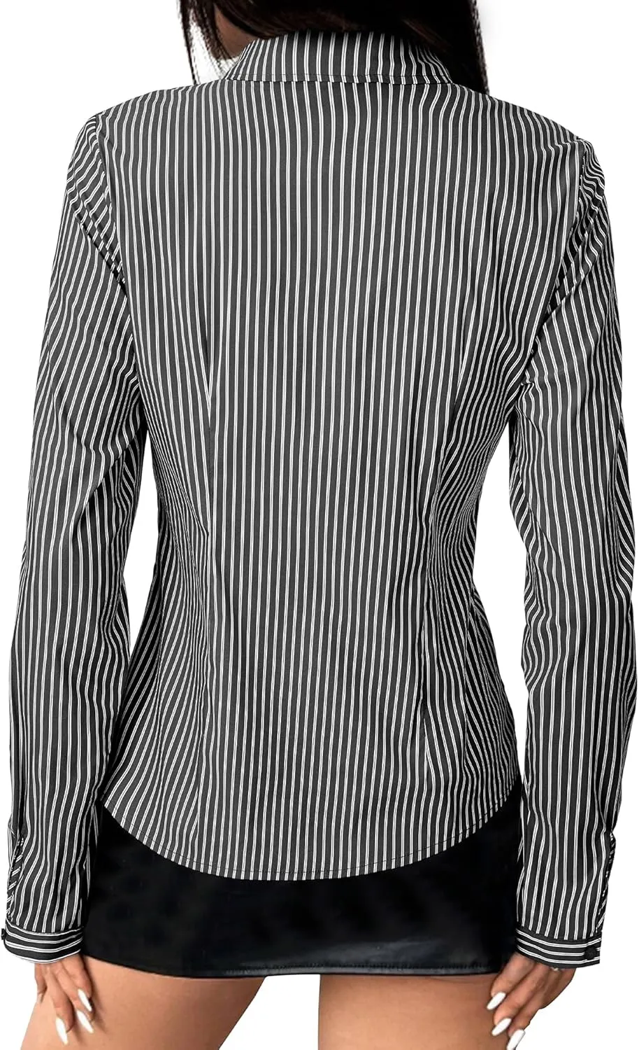 Women's Striped Button Down Shirts Flare Sleeve Slim Fit Blouses V Neck Collared Y2k Crop Tops Streetwear