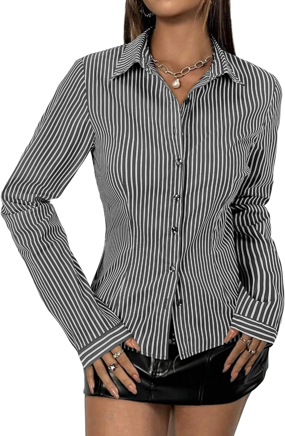 Women's Striped Button Down Shirts Flare Sleeve Slim Fit Blouses V Neck Collared Y2k Crop Tops Streetwear
