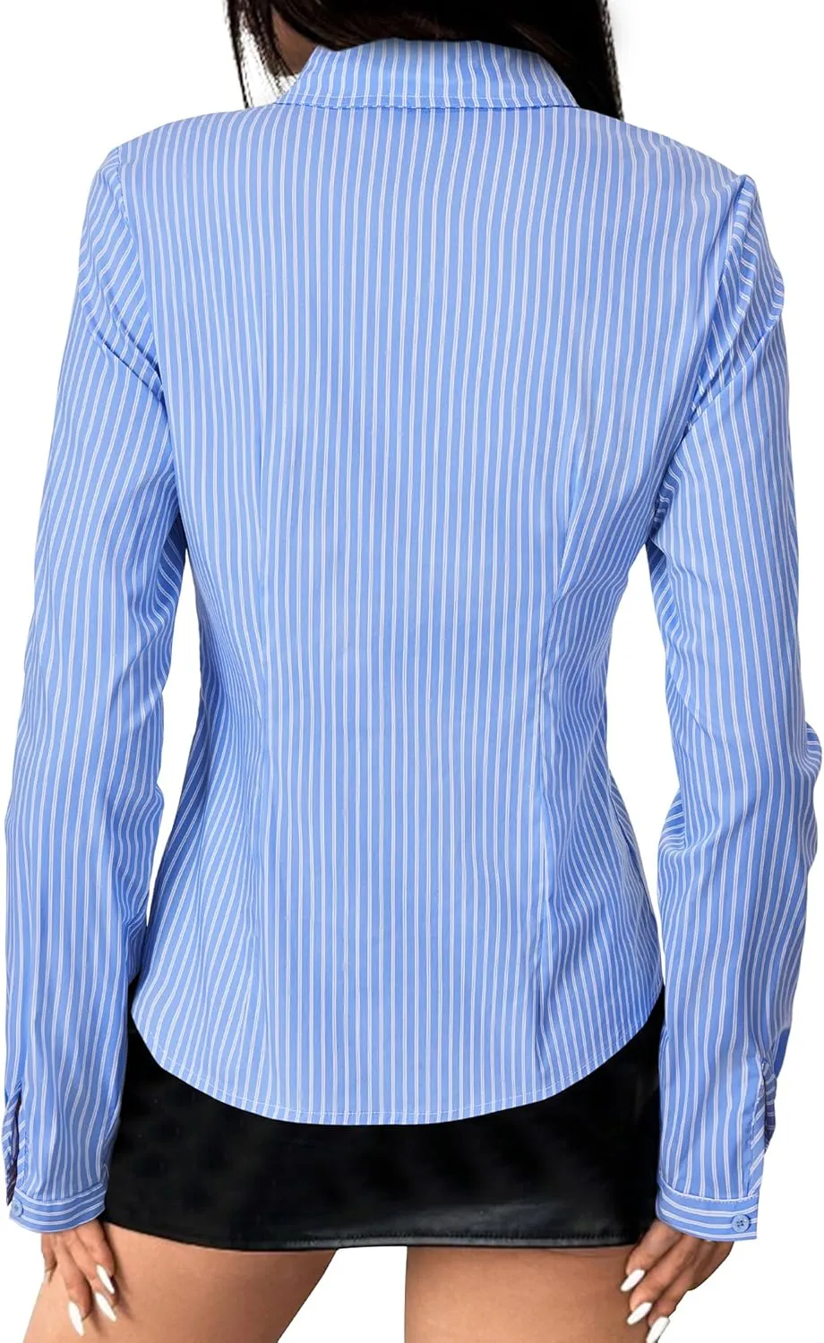 Women's Striped Button Down Shirts Flare Sleeve Slim Fit Blouses V Neck Collared Y2k Crop Tops Streetwear